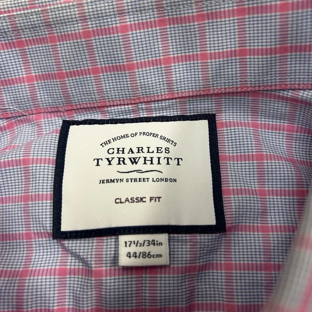 Charles Tyrwhitt Dress Shirt Mens‎ 17.5 34 Classic Fit Pink Blue Plaid Cotton